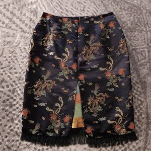 🐉 Clio Vintage Dragon Brocade Beaded Fringe Skirt — Size 10